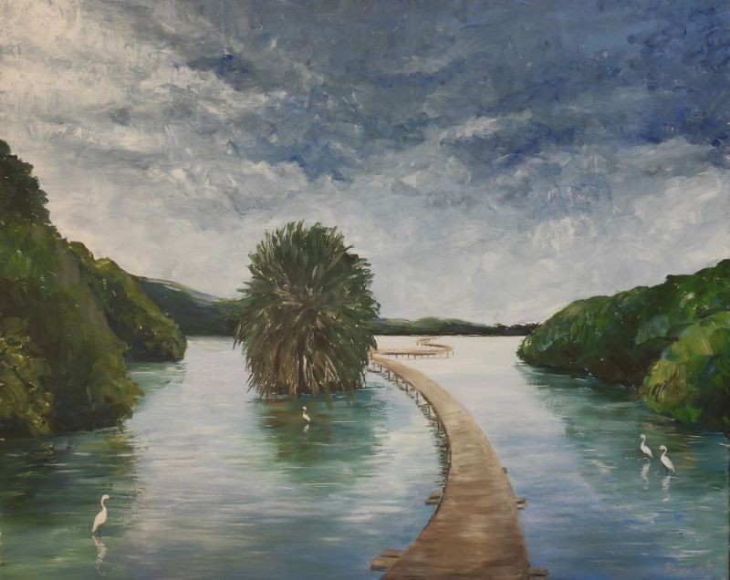 Acrylic painting of tropical lagoon with wooden boardwalk and egrets by Israeli artist Pavla Parik, pavla-parik.com