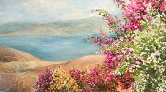 Acrylic painting of bougainvillea overlooking blue Mediterranean sea by Israeli artist Pavla Parik, pavla-parik.com