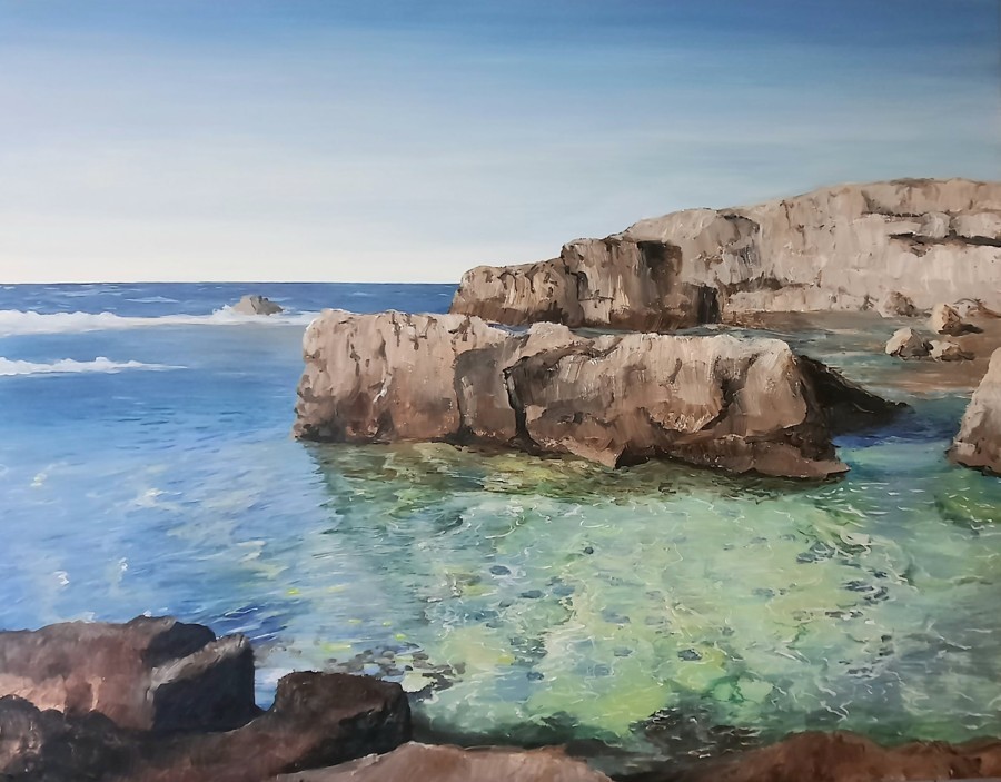 Acrylic painting of limestone rocks in turquoise coastal waters by Israeli artist Pavla Parik, pavla-parik.com