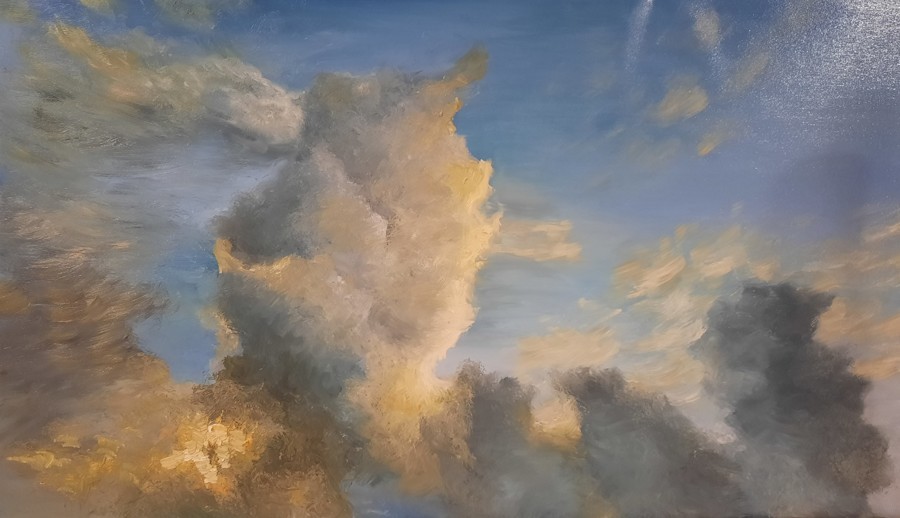 Acrylic cloudscape painting of golden sunlit storm clouds by Israeli artist Pavla Parik, pavla-parik.com