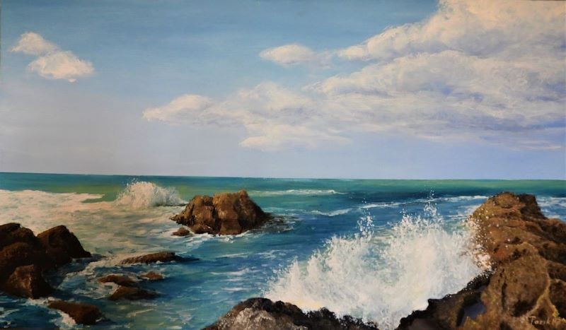 Acrylic seascape painting of waves crashing on rocks under blue sky by Israeli artist Pavla Parik, pavla-parik.com