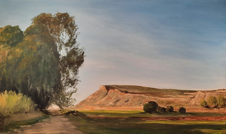 Acrylic desert landscape with eucalyptus trees and mesa by Israeli artist Pavla Parik, pavla-parik.com