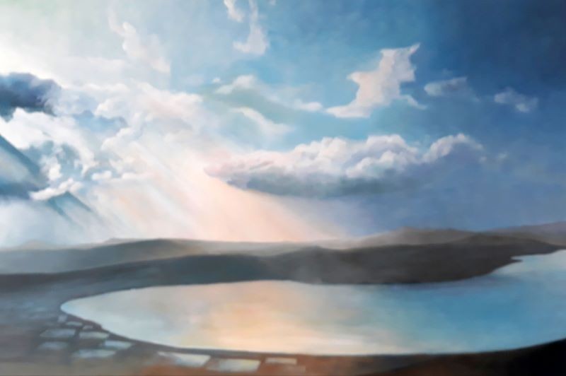 Acrylic painting of sun rays breaking through clouds over coastal lagoon by Israeli artist Pavla Parik, pavla-parik.com