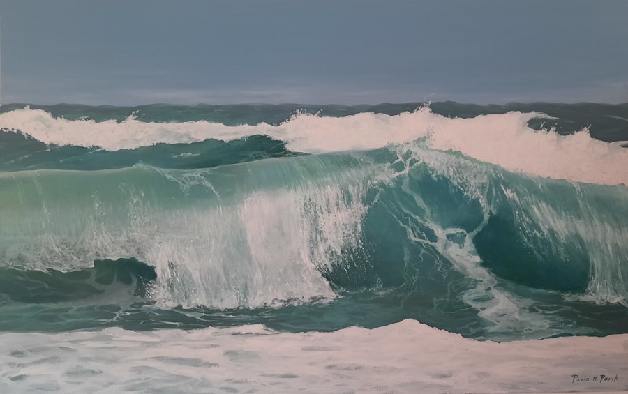 Acrylic painting of large breaking turquoise ocean wave by Israeli artist Pavla Parik, pavla-parik.com