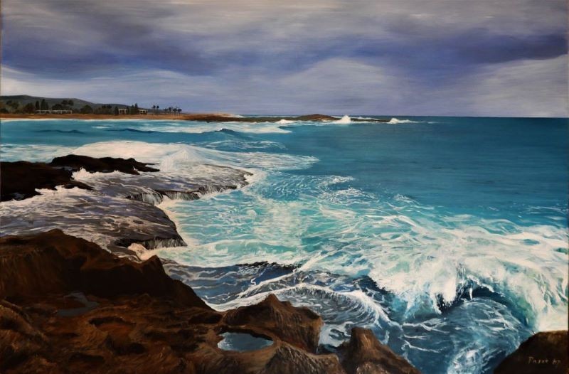 Acrylic painting of turquoise waves over dark coastal rocks by Israeli artist Pavla Parik, pavla-parik.com