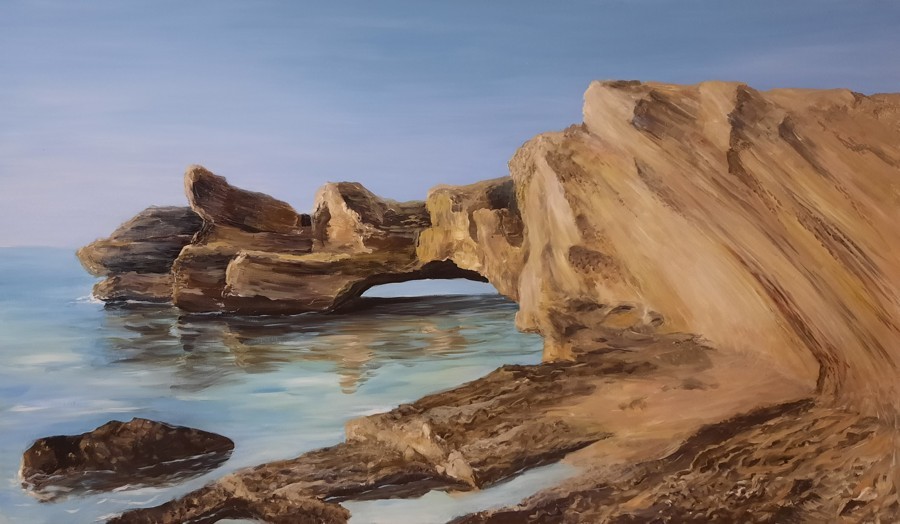 Acrylic coastal rock arch painting over clear Mediterranean sea by Israeli artist Pavla Parik, pavla-parik.com