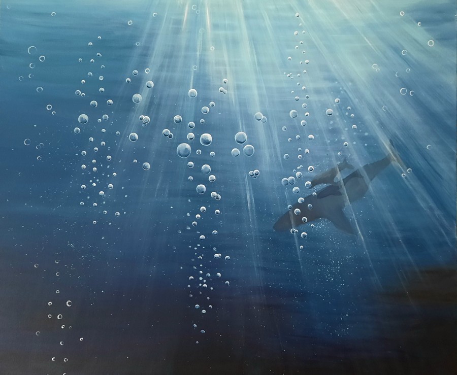 Acrylic underwater painting of shark swimming through blue light and bubbles by Israeli artist Pavla Parik, pavla-parik.com