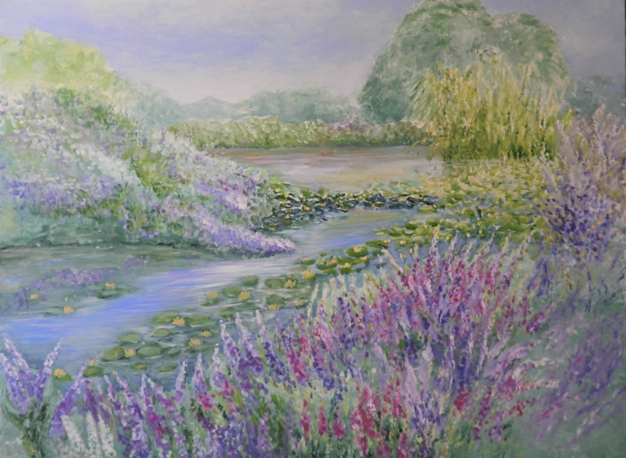Acrylic painting of olive tree surrounded by lavender and wildflowers in Mediterranean landscape by Pavla Parik, pavla-parik.com