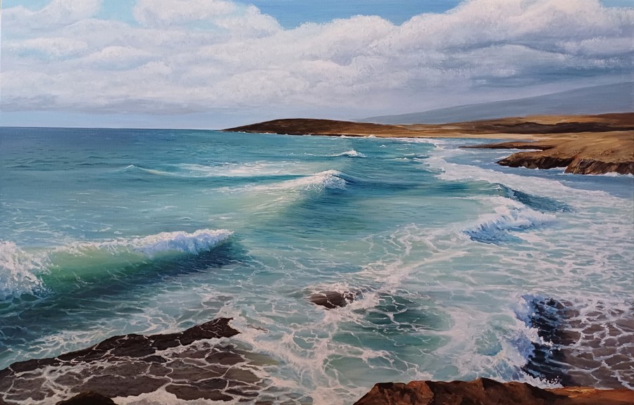 Acrylic seascape painting of turquoise ocean waves on rocky shore by Israeli artist Pavla Parik, pavla-parik.com