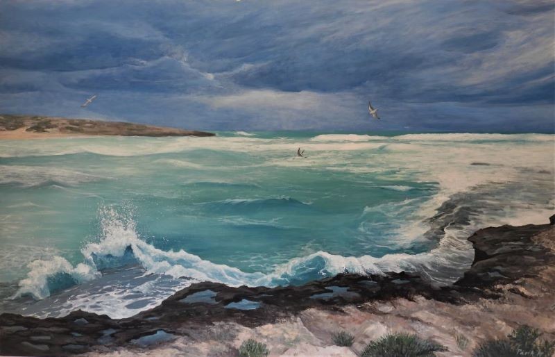 Acrylic seascape painting of waves over rocky shoreline at dusk by Israeli artist Pavla Parik, pavla-parik.com