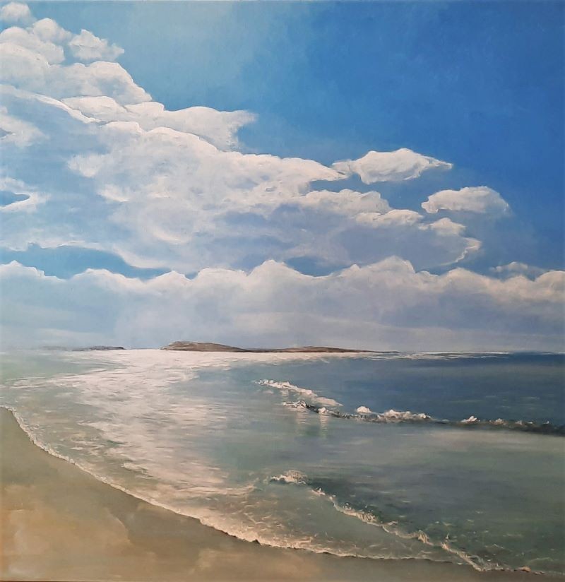 Acrylic painting of stormy Mediterranean sea with seagulls and crashing waves by Israeli artist Pavla Parik, pavla-parik.com