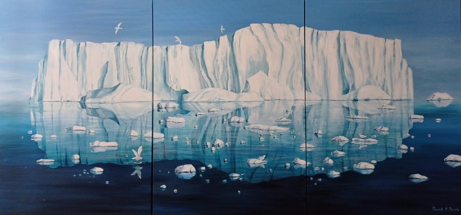Acrylic seascape painting of calm sunny beach with white clouds and distant island by Israeli artist Pavla Parik, pavla-parik.com