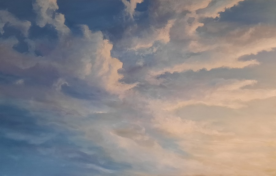 Acrylic painting of rocky Mediterranean beach with turquoise waves under cloudy sky by Pavla Parik, pavla-parik.com
