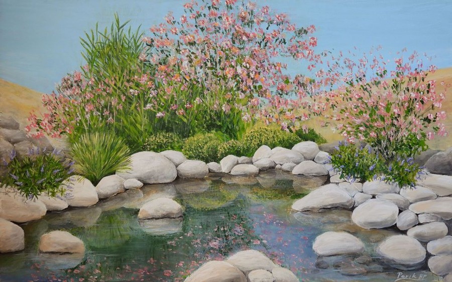 Acrylic painting of pink oleander flowers beside a desert stream by Israeli artist Pavla Parik, pavla-parik.com