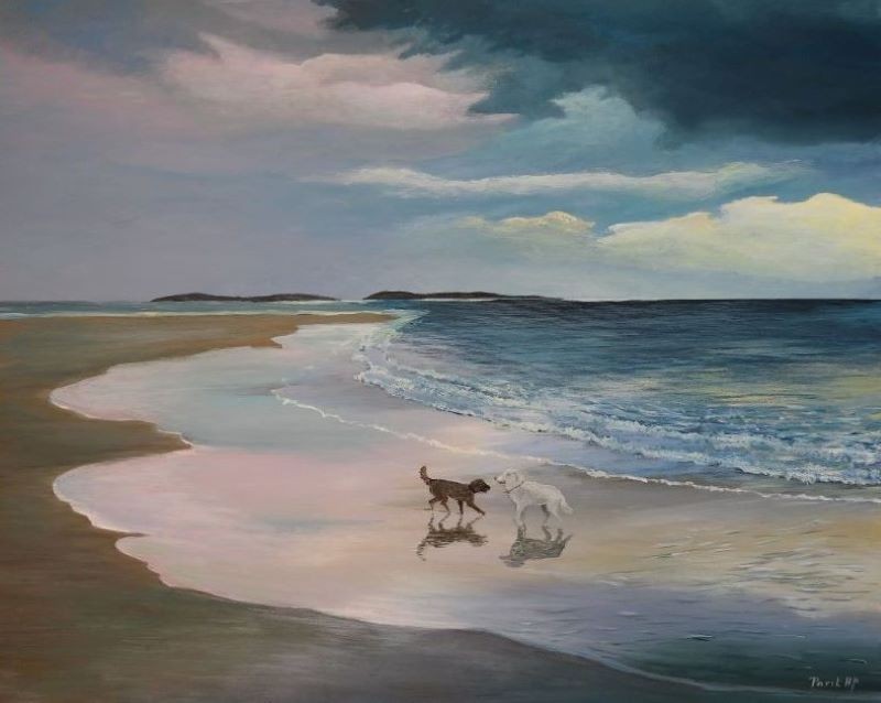 Acrylic beach painting of two dogs at sunset under stormy sky by Israeli artist Pavla Parik, pavla-parik.com