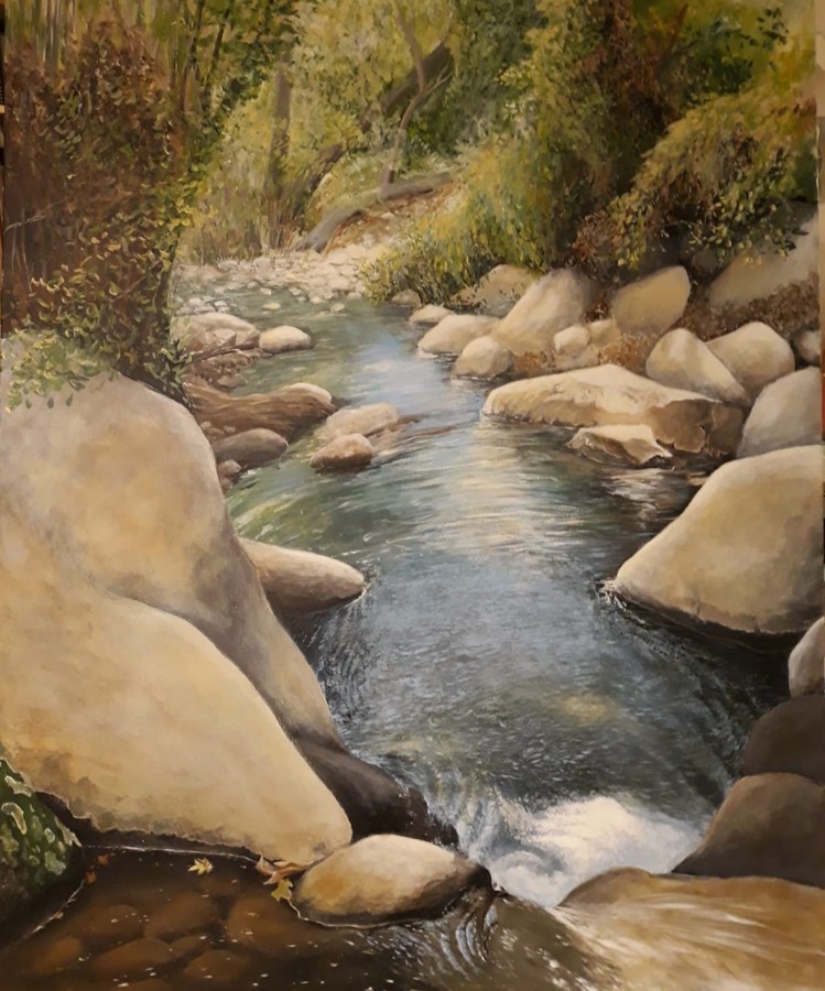 Acrylic painting of sunlit forest stream with mossy boulders by Israeli artist Pavla Parik, pavla-parik.com