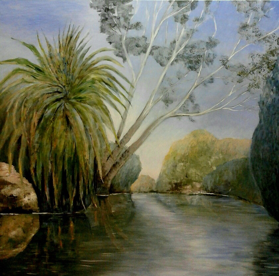Acrylic river landscape with palm and eucalyptus at golden hour by Israeli artist Pavla Parik, pavla-parik.com