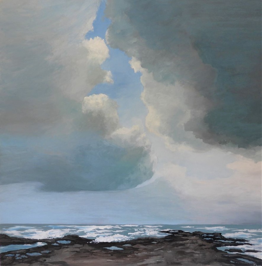 Acrylic painting of dramatic storm clouds over rocky coastline by Israeli artist Pavla Parik, pavla-parik.com
