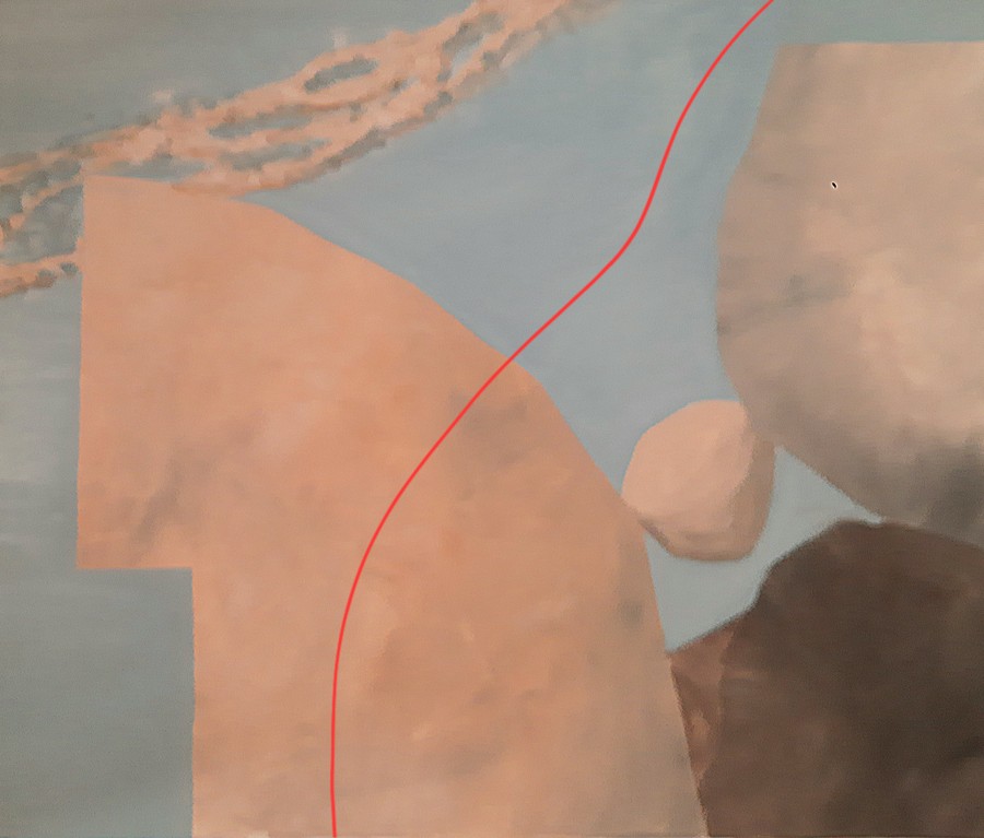 Abstract painting with geometric peach shapes and a single red curved line on blue-grey background, contemporary art