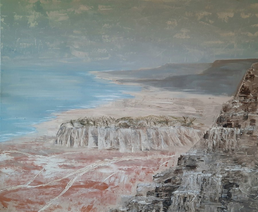 Panoramic landscape painting of coastal cliffs and Dead Sea shoreline in misty blue tones, contemporary Israeli art