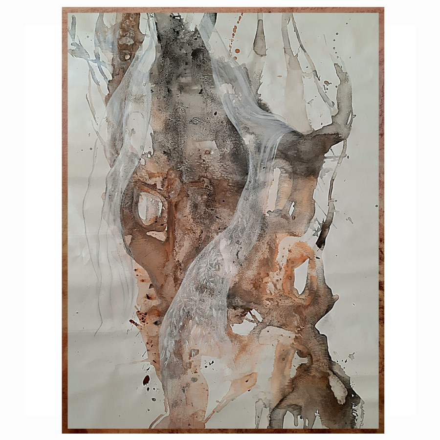 Abstract watercolor painting of twisted tree trunk forms in earth tones with ink splatter, expressive mixed media art