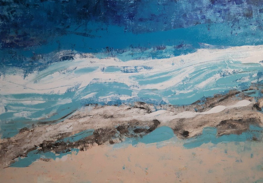 Abstract seascape painting of crashing white waves against deep blue ocean, large scale contemporary coastal art