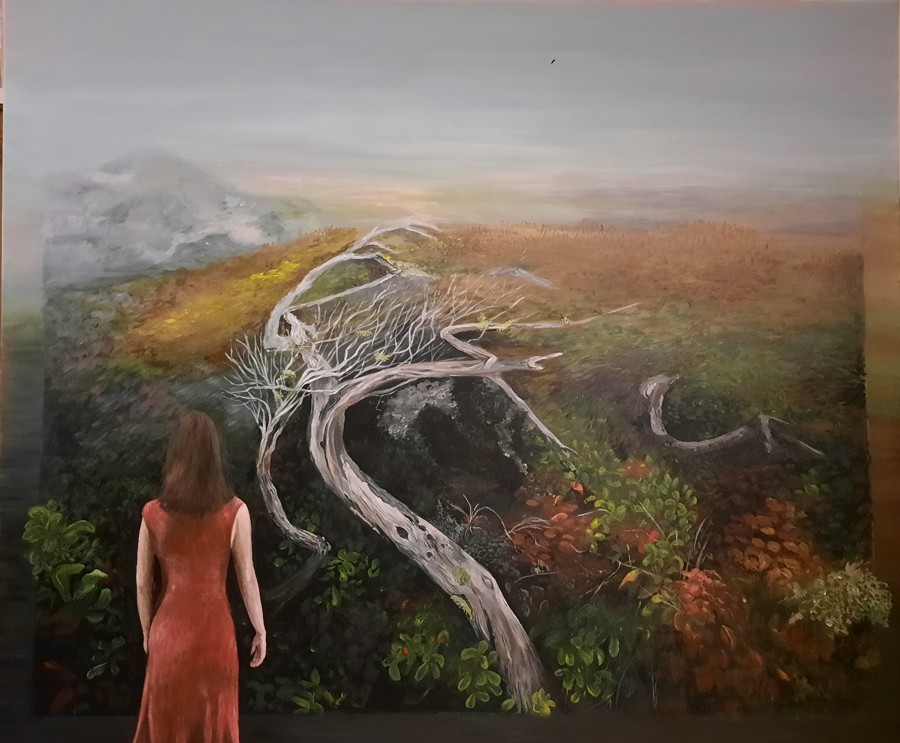 Figurative landscape painting of woman in red dress facing a twisted bare tree on misty hillside, contemporary oil painting