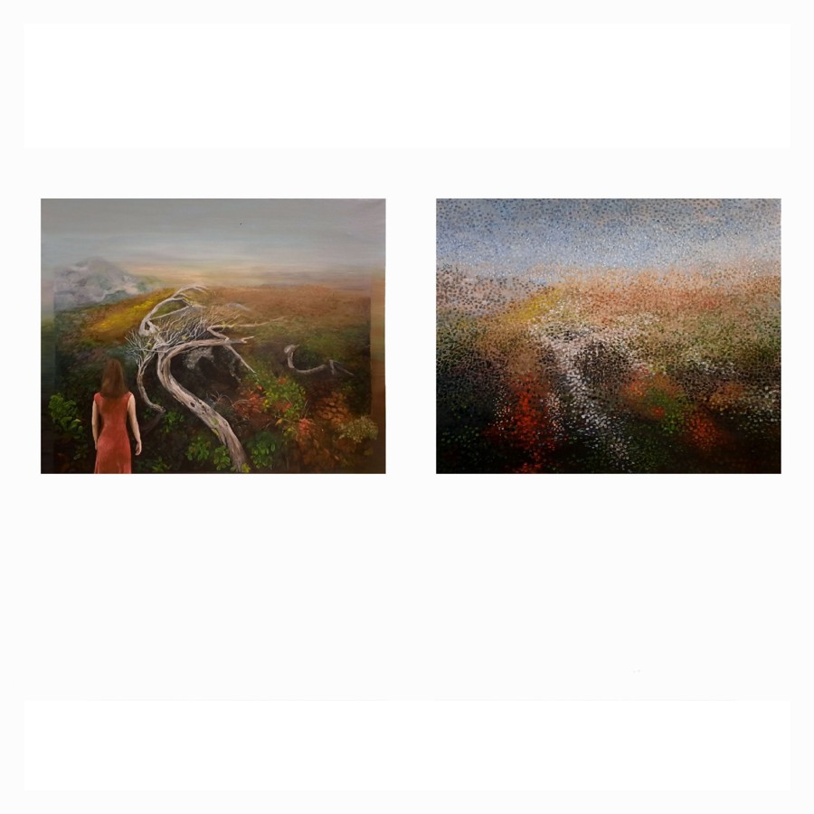 Diptych showing figurative landscape with fallen tree and pointillist autumn meadow painting, contemporary art exhibition
