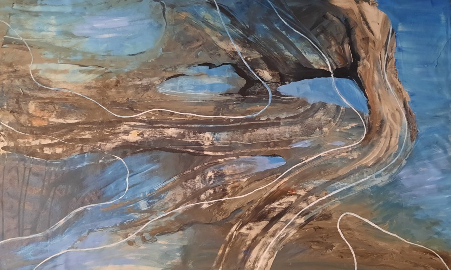 Close-up painting of ancient twisted olive tree trunk with white line details against blue sky, contemporary nature art