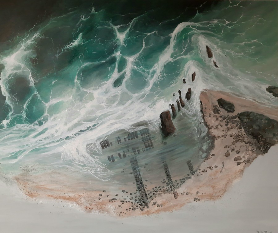 Aerial view painting of turquoise ocean waves engulfing coastal ruins on a rocky shoreline, contemporary seascape art