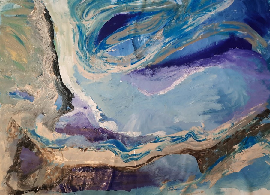 Abstract expressionist painting of swirling blue and purple ocean forms with tree silhouette, contemporary mixed media