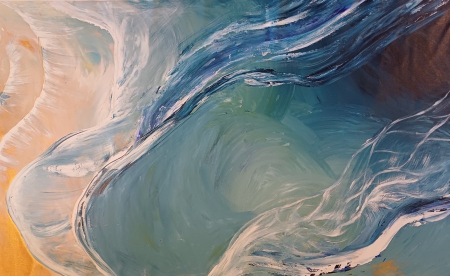Abstract painting of flowing teal and white ocean wave forms with golden sandy shore, large scale contemporary seascape