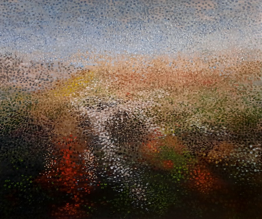 Pointillist landscape painting of autumn meadow in warm earth tones under a blue sky, contemporary nature art