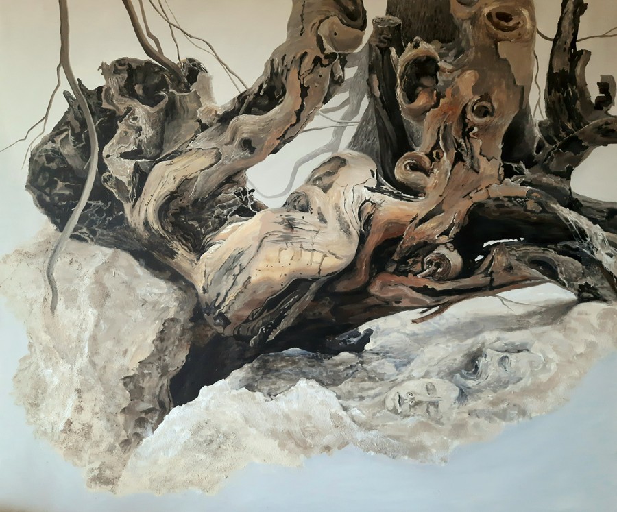 Figurative painting of human face and body merging with ancient gnarled tree roots, symbolic contemporary oil painting