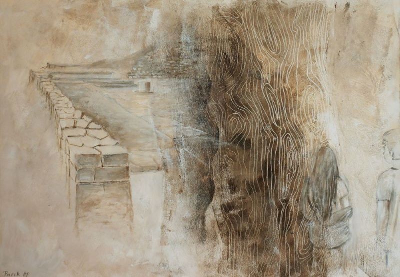 Contemporary mixed media painting of a human face merging with wood grain texture beside a stone wall, figurative abstract art