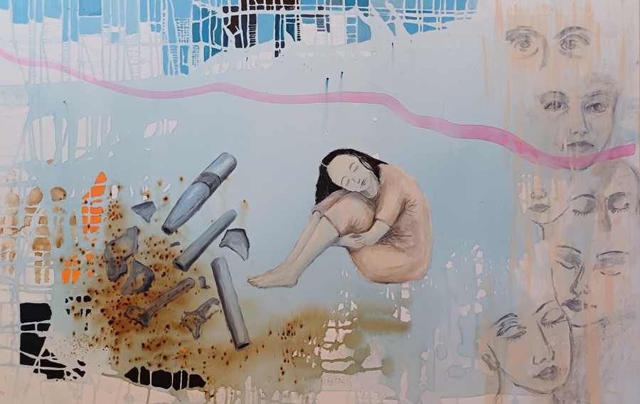 Mixed media painting of a curled woman figure surrounded by falling bombs and fragmented female faces, anti-war contemporary art