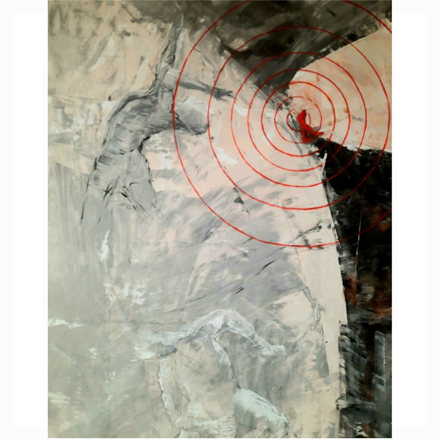 Abstract expressionist painting in grey and black with bold red concentric spiral symbol, large scale contemporary canvas