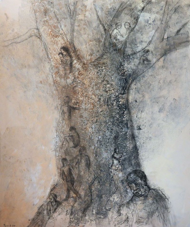 Figurative mixed media painting of a monumental tree with human figures embedded in the bark and branches, symbolic nature art