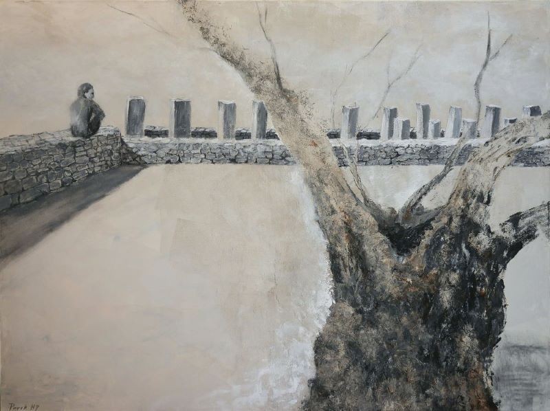 Contemplative painting of a solitary figure seated on a stone wall beside a bare tree with standing gravestones, figurative art