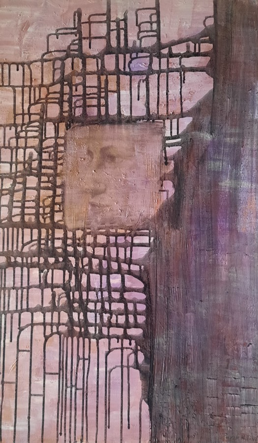 Mixed media painting of a human face obscured behind an intricate dark urban grid pattern in mauve tones, contemporary art