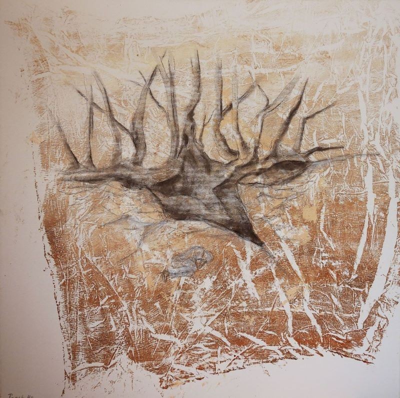 Abstract painting of ancient tree roots in warm earth tones with white scratch mark textures, mixed media contemporary canvas