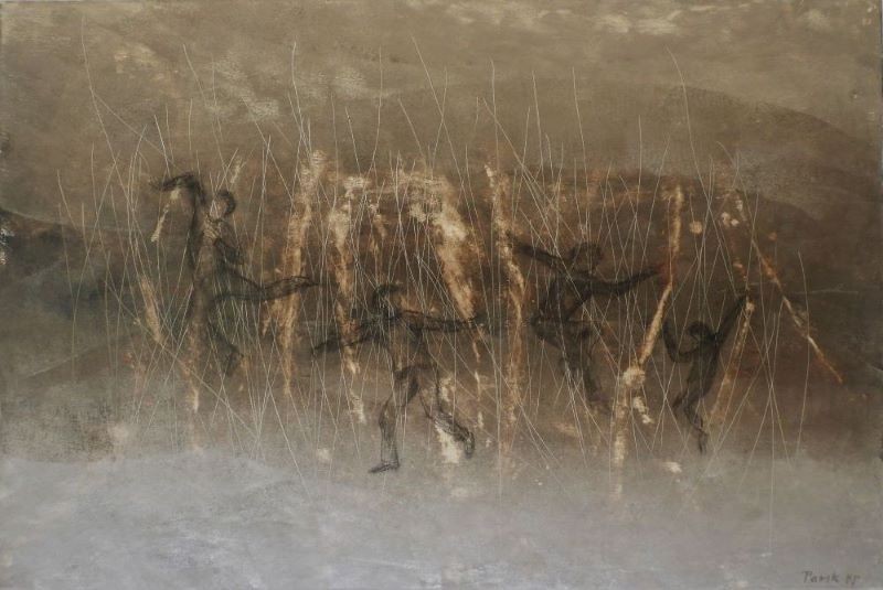 Atmospheric sepia-toned painting of human figures walking through rain with vertical line texture, figurative contemporary art