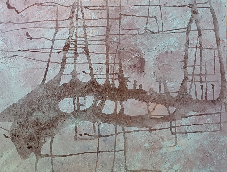 Abstract mixed media painting with organic flowing forms intersecting urban grid line structures in muted lavender tones