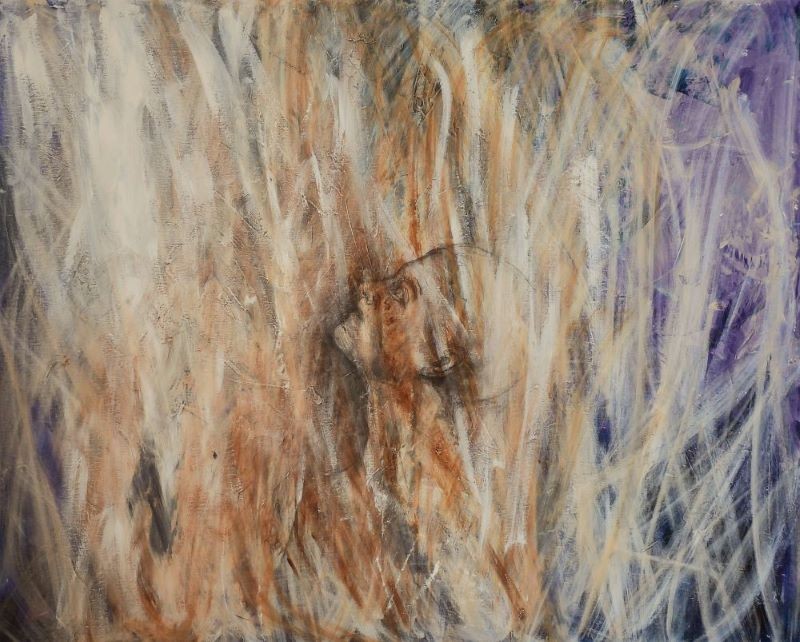 Expressive abstract painting of a lion face emerging from dynamic swirling white and brown brushstrokes, mixed media art