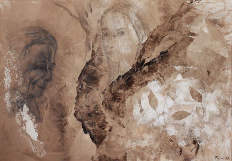 Figurative painting of two human faces merging with a tree trunk and scattered autumn leaves in warm sepia tones