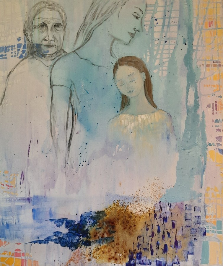 Figurative painting of three women in soft blue and lavender tones with abstract urban map patterns, contemporary emotional art