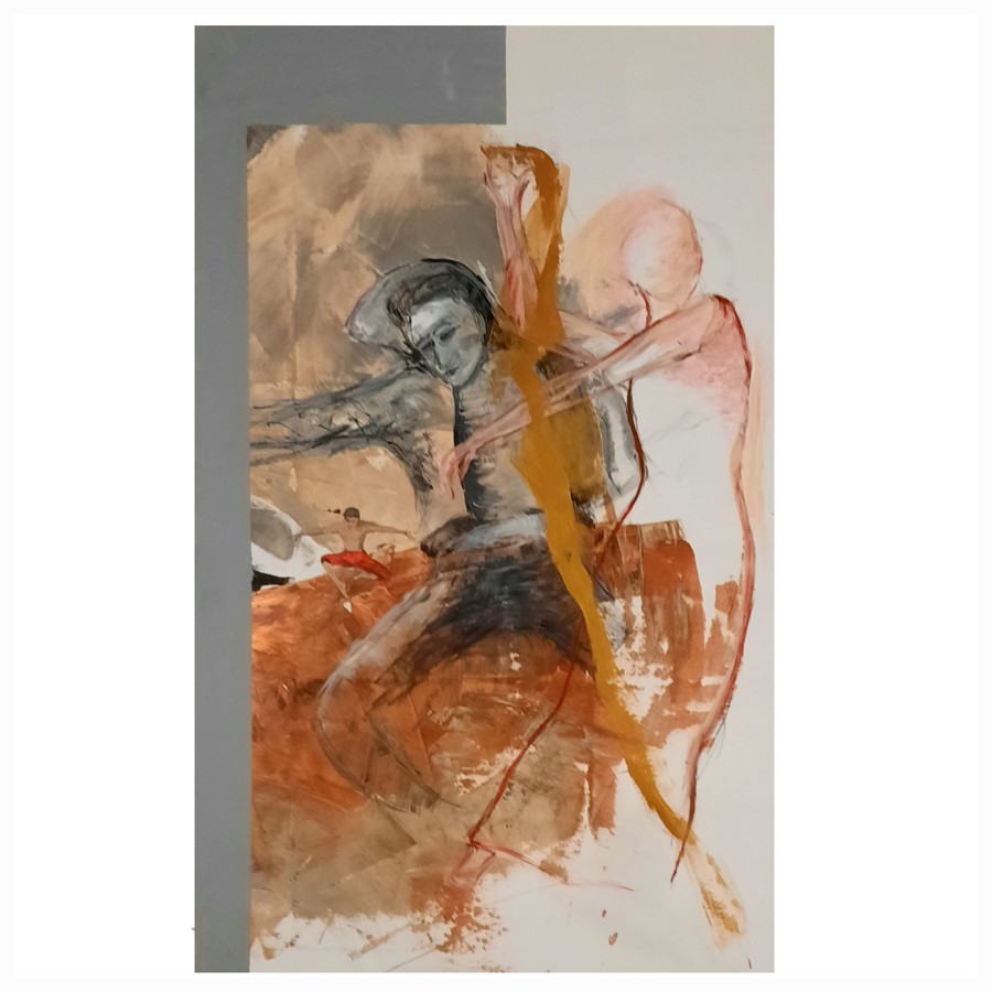 Expressive figurative painting of two dynamic human figures in motion with bold ochre and red brushstrokes, contemporary art