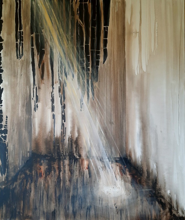 Abstract painting of dark dripping forest with dramatic light rays breaking through, large scale contemporary mixed media