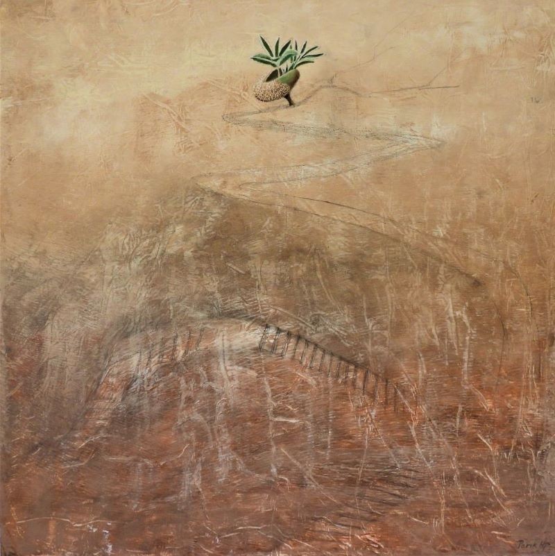 Symbolic painting of a lone olive sapling on a sketched arrow path above textured barren earth, contemporary mixed media art