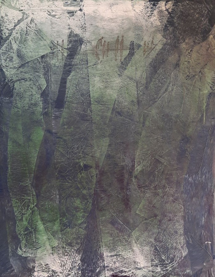 Large abstract expressionist painting in dark green tones with ghostly human silhouettes, contemporary mixed media canvas